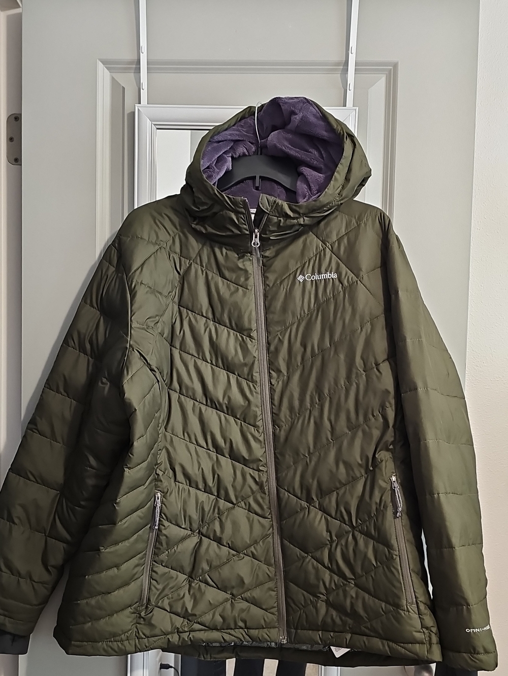Columbia Olive Green Puffer Jacket with Gray Hood Lining